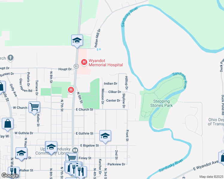 map of restaurants, bars, coffee shops, grocery stores, and more near 436 Clikar Drive in Upper Sandusky