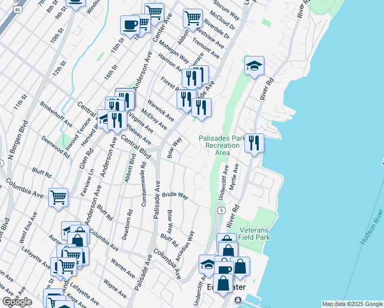 map of restaurants, bars, coffee shops, grocery stores, and more near 47 Virginia Avenue in Fort Lee