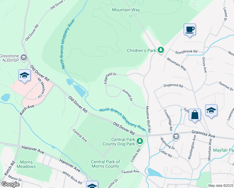 map of restaurants, bars, coffee shops, grocery stores, and more near 117 Edgefield Drive in Morris Plains
