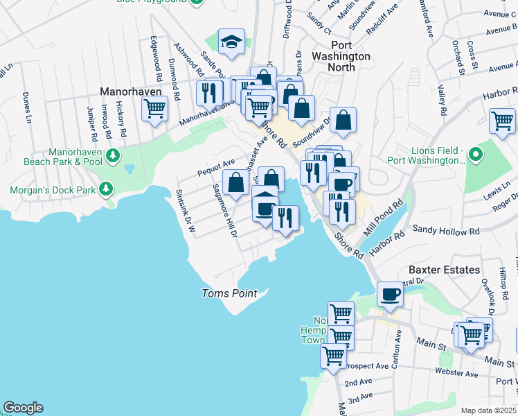 map of restaurants, bars, coffee shops, grocery stores, and more near 9 Yennicock Avenue in Port Washington