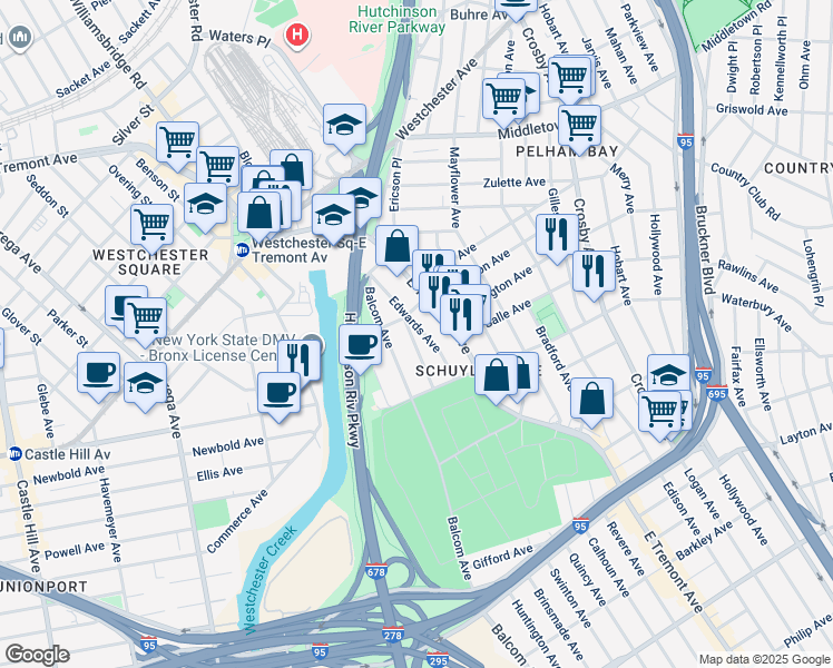map of restaurants, bars, coffee shops, grocery stores, and more near 1338 Ellison Avenue in Bronx