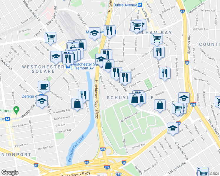 map of restaurants, bars, coffee shops, grocery stores, and more near 1338 Ellison Avenue in Bronx