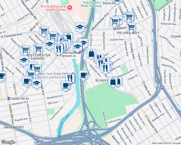 map of restaurants, bars, coffee shops, grocery stores, and more near 1363 Balcom Avenue in Bronx