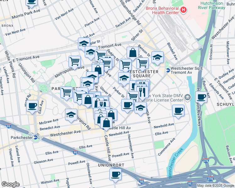 map of restaurants, bars, coffee shops, grocery stores, and more near 1517 Parker Street in The Bronx