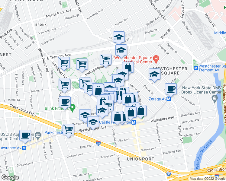 map of restaurants, bars, coffee shops, grocery stores, and more near 2151 Saint Raymond Avenue in Bronx