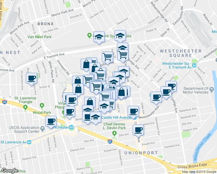 map of restaurants, bars, coffee shops, grocery stores, and more near 2075 Saint Raymond Avenue in Bronx