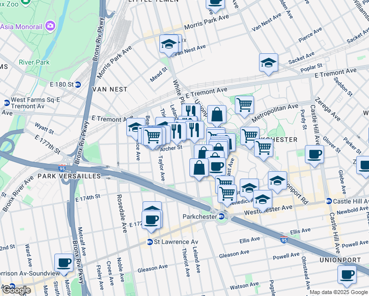 map of restaurants, bars, coffee shops, grocery stores, and more near 1477 Leland Avenue in Bronx