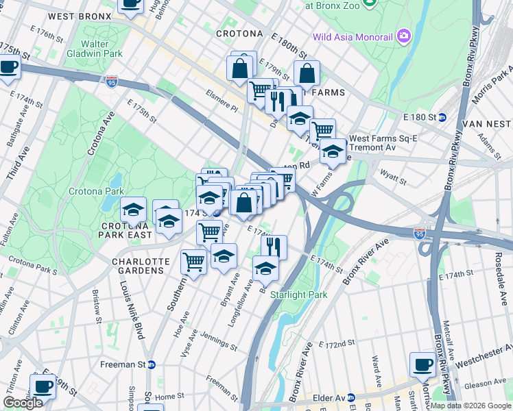 map of restaurants, bars, coffee shops, grocery stores, and more near in The Bronx