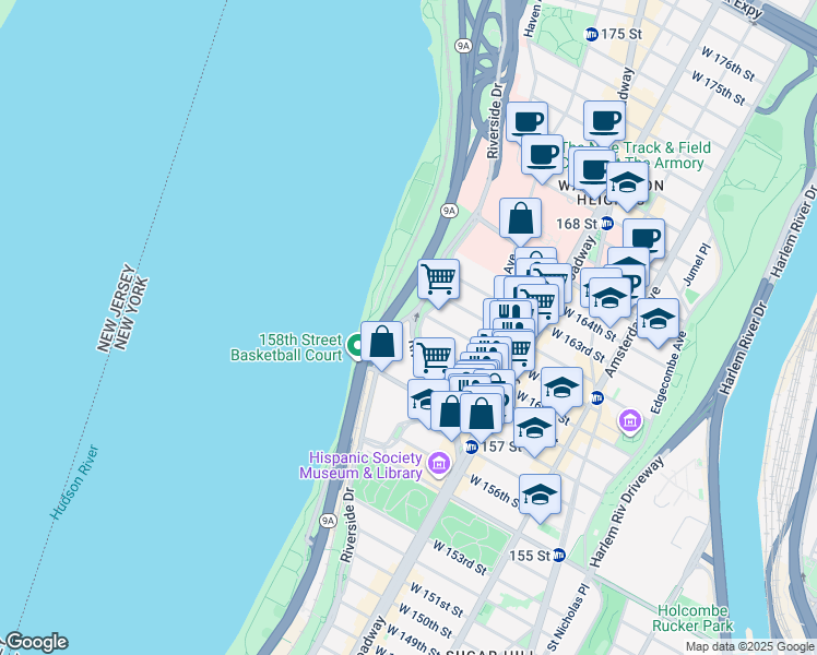 map of restaurants, bars, coffee shops, grocery stores, and more near 884 Riverside Drive in New York