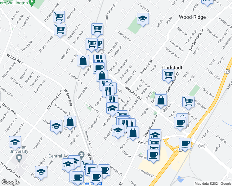 map of restaurants, bars, coffee shops, grocery stores, and more near 277 Randolph Avenue in East Rutherford