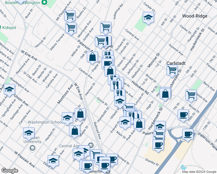 map of restaurants, bars, coffee shops, grocery stores, and more near 56 Clinton Place in East Rutherford