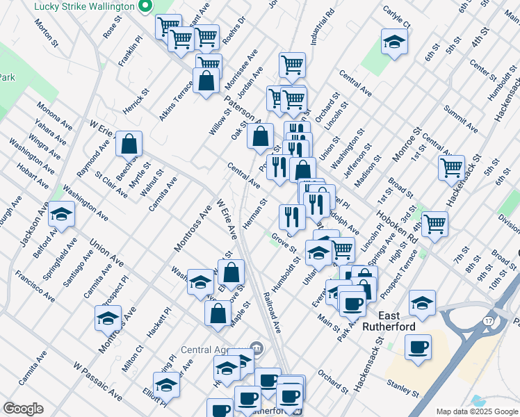 map of restaurants, bars, coffee shops, grocery stores, and more near 90 Herman Street in East Rutherford