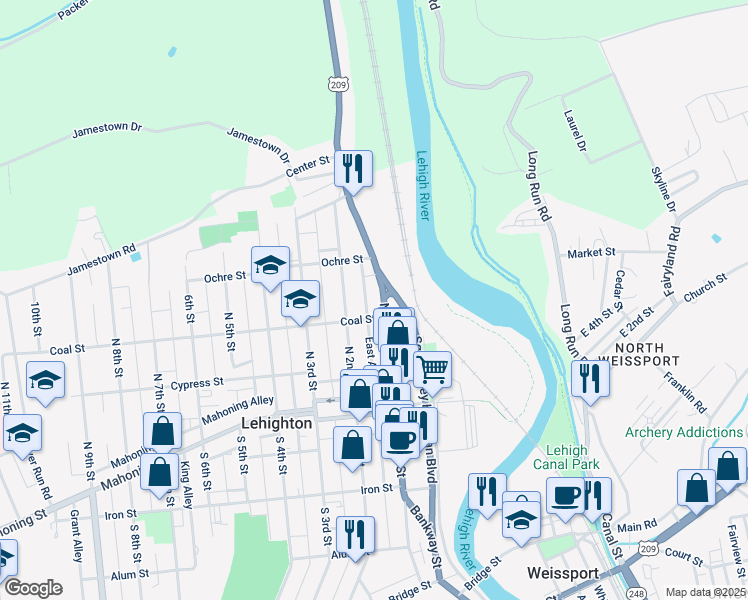 map of restaurants, bars, coffee shops, grocery stores, and more near 314 North 1st Street in Lehighton