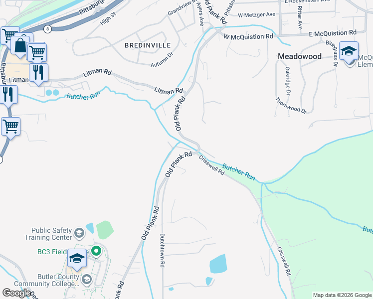 map of restaurants, bars, coffee shops, grocery stores, and more near 150 Old Plank Road in Butler