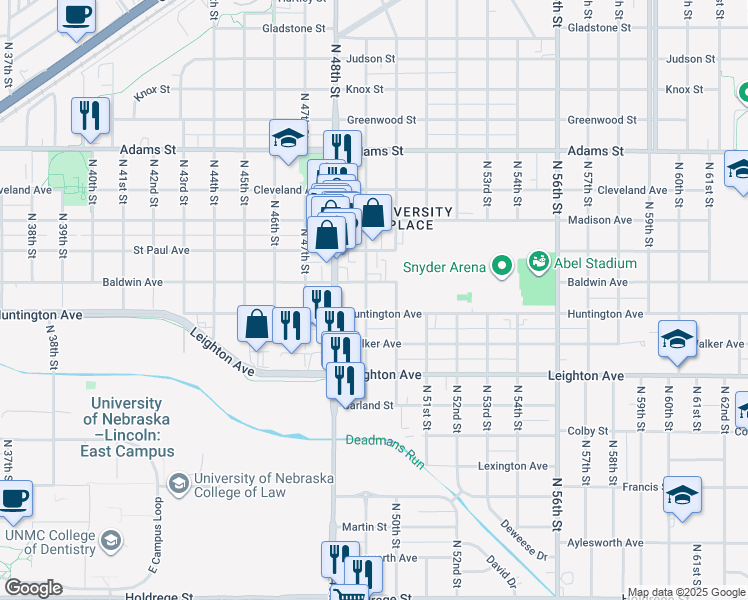 map of restaurants, bars, coffee shops, grocery stores, and more near 2503 North 49th Street in Lincoln
