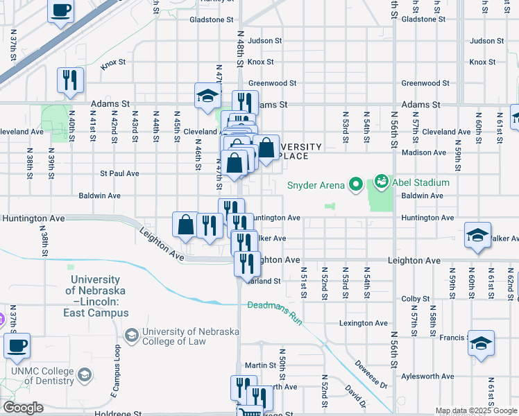 map of restaurants, bars, coffee shops, grocery stores, and more near 2503 North 49th Street in Lincoln