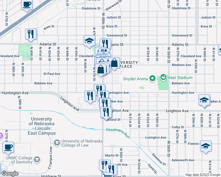 map of restaurants, bars, coffee shops, grocery stores, and more near 2503 North 49th Street in Lincoln