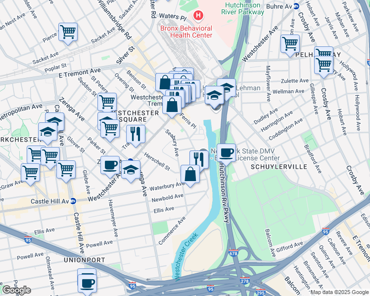 map of restaurants, bars, coffee shops, grocery stores, and more near 2501 Halsey Street in The Bronx