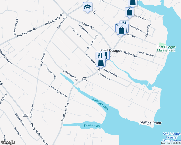 map of restaurants, bars, coffee shops, grocery stores, and more near 718 Montauk Highway in East Quogue
