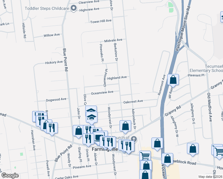 map of restaurants, bars, coffee shops, grocery stores, and more near 19 Oceanview Avenue in Farmingville