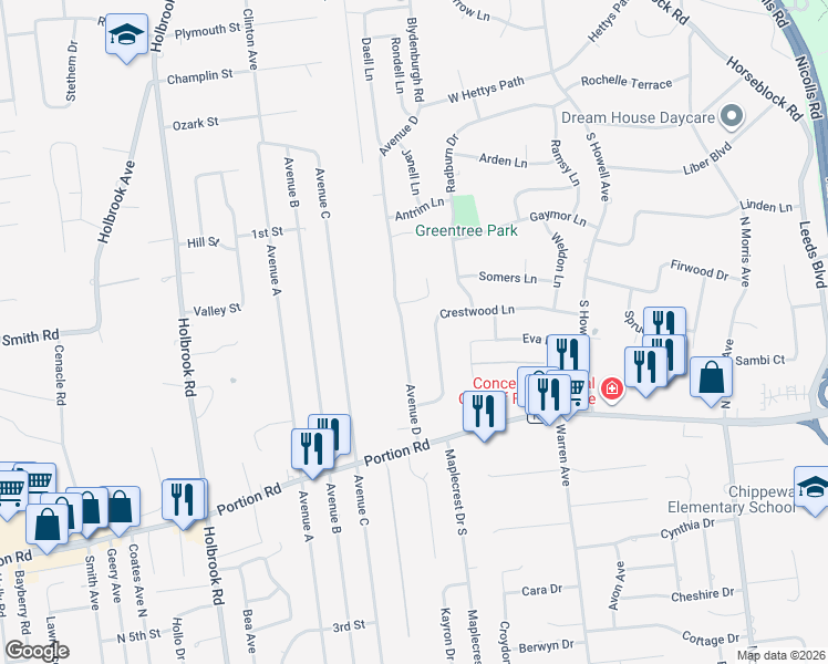 map of restaurants, bars, coffee shops, grocery stores, and more near 31 Avenue D in Ronkonkoma