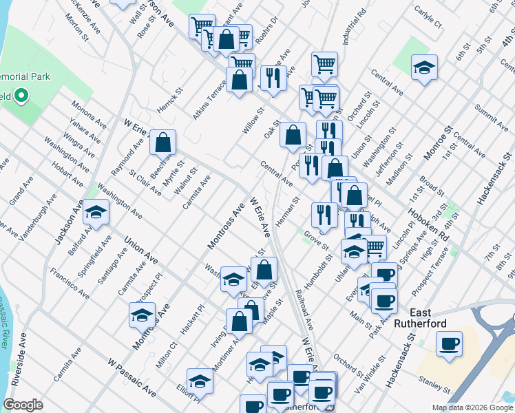 map of restaurants, bars, coffee shops, grocery stores, and more near 40 Sidney Avenue in Rutherford