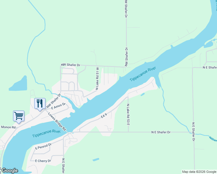 map of restaurants, bars, coffee shops, grocery stores, and more near 5861 North Lake Road 52 West in Monticello