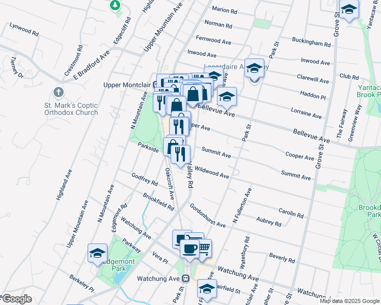 map of restaurants, bars, coffee shops, grocery stores, and more near 525 Valley Road in Montclair