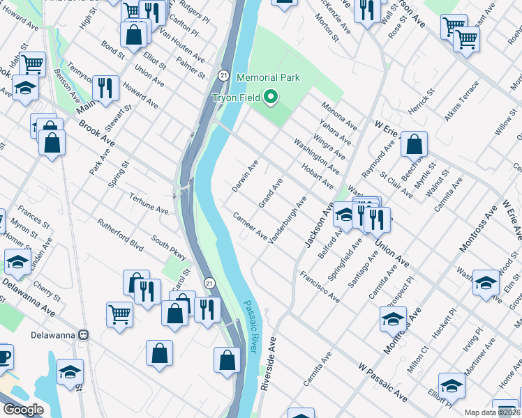 map of restaurants, bars, coffee shops, grocery stores, and more near 218 Grand Avenue in Rutherford