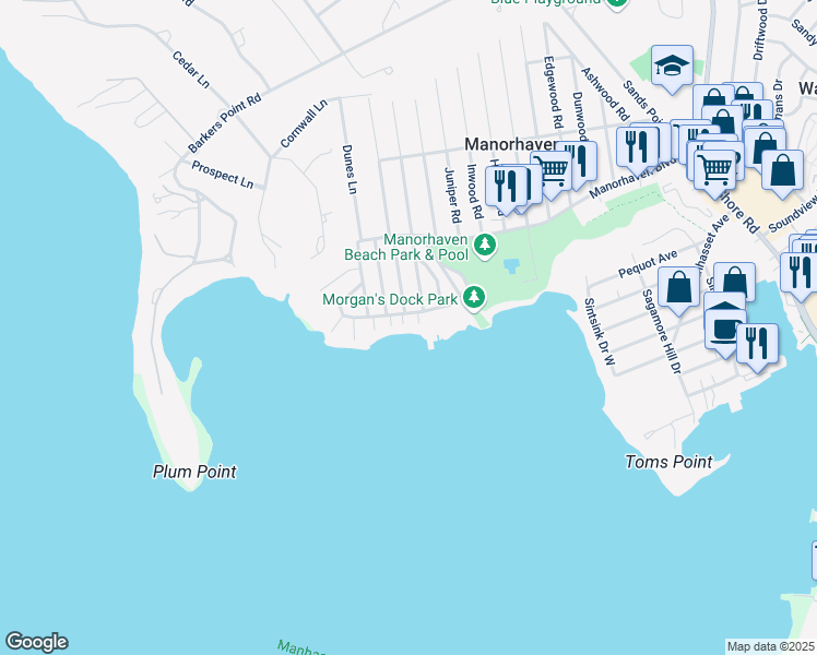 map of restaurants, bars, coffee shops, grocery stores, and more near 7 The Quarter Deck in Manorhaven