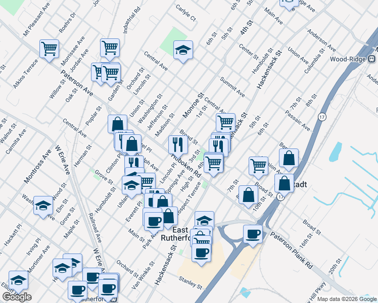 map of restaurants, bars, coffee shops, grocery stores, and more near 322 3rd Street in Carlstadt