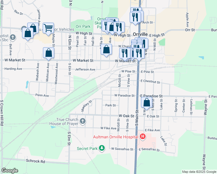 map of restaurants, bars, coffee shops, grocery stores, and more near 316 Lenore Street in Orrville