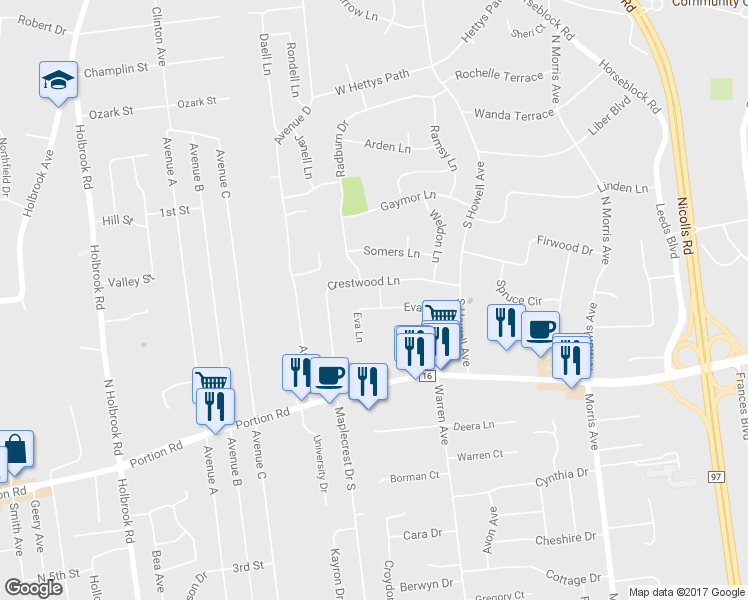 map of restaurants, bars, coffee shops, grocery stores, and more near 28 Crest Lane in Farmingville