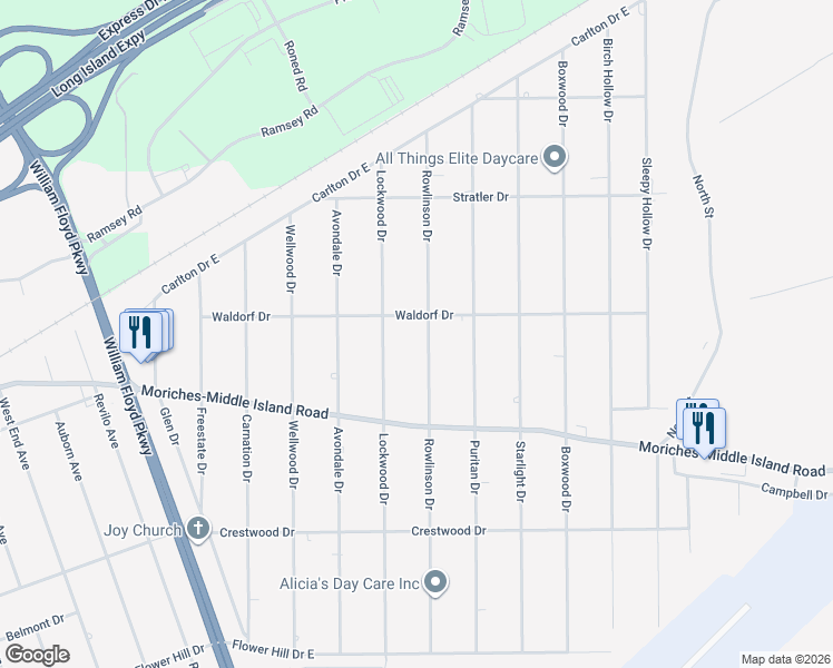 map of restaurants, bars, coffee shops, grocery stores, and more near 489 Rowlinson Drive in Shirley