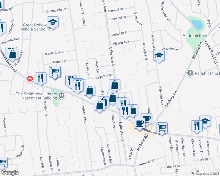 map of restaurants, bars, coffee shops, grocery stores, and more near 19 Dorothy St in Nesconset