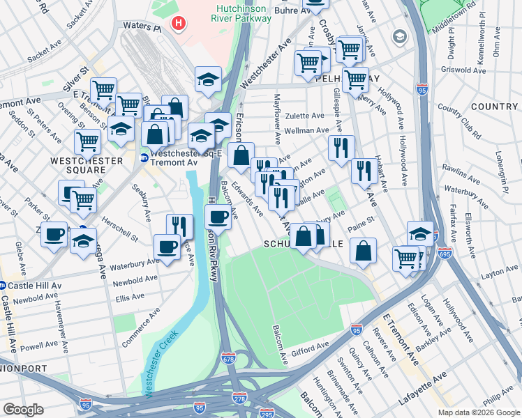 map of restaurants, bars, coffee shops, grocery stores, and more near 1338 Ellison Avenue in Bronx