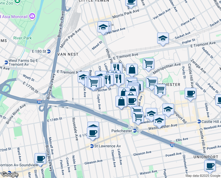 map of restaurants, bars, coffee shops, grocery stores, and more near Leland Ave & Archer St in Bronx