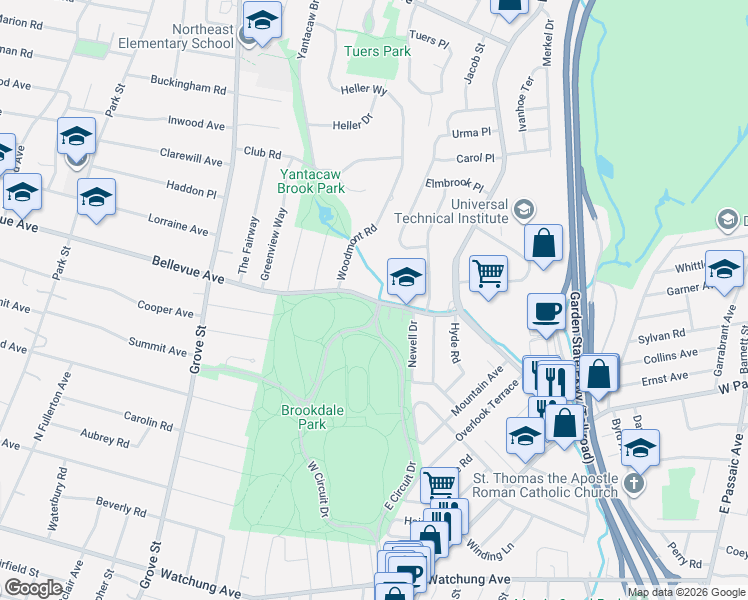 map of restaurants, bars, coffee shops, grocery stores, and more near 59 Bellevue Avenue in Bloomfield