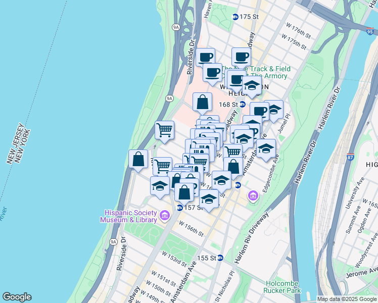 map of restaurants, bars, coffee shops, grocery stores, and more near Fort Washington Ave & W 162nd St in New York