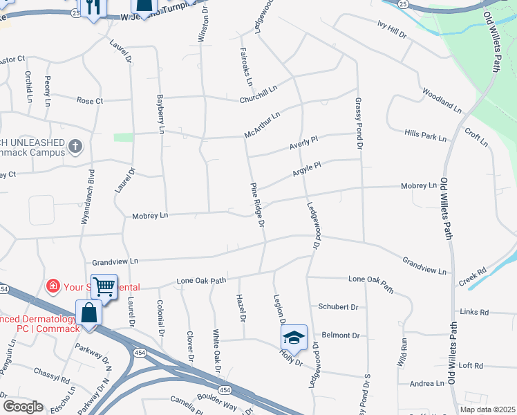 map of restaurants, bars, coffee shops, grocery stores, and more near 28 Pine Ridge Drive in Smithtown