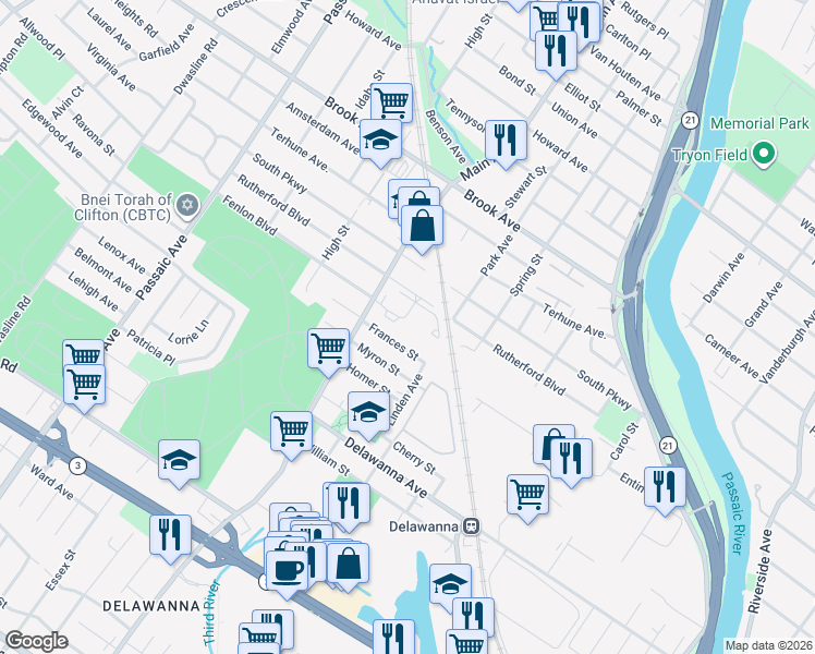 map of restaurants, bars, coffee shops, grocery stores, and more near 36 Frances Street in Clifton