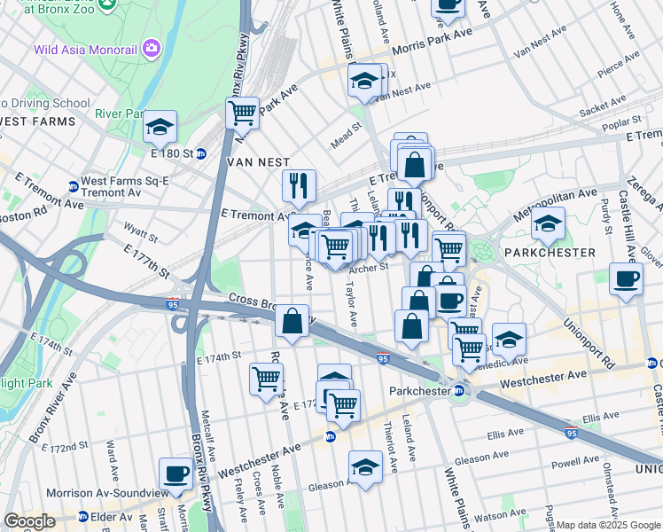 map of restaurants, bars, coffee shops, grocery stores, and more near 1500 Beach Avenue in Bronx