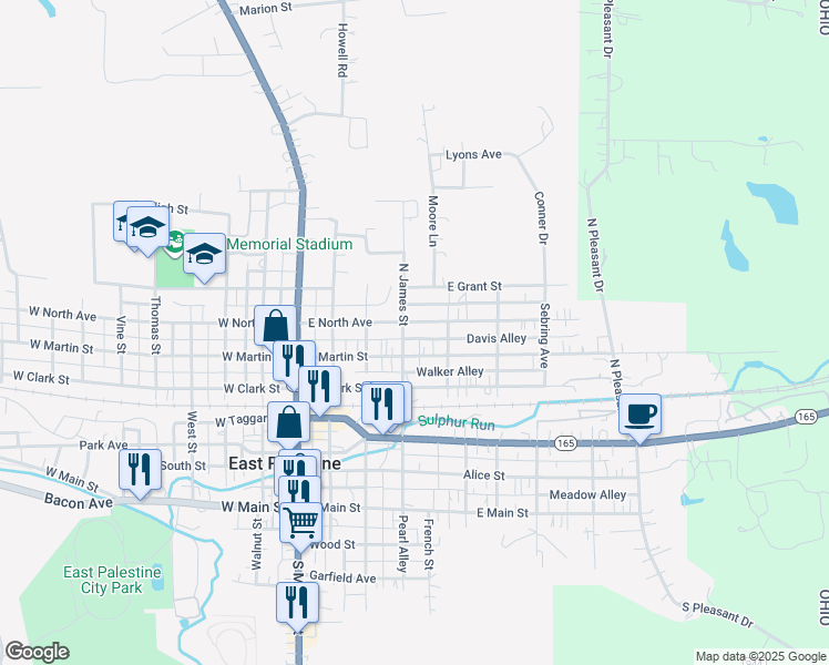 map of restaurants, bars, coffee shops, grocery stores, and more near 266 East Martin Street in East Palestine