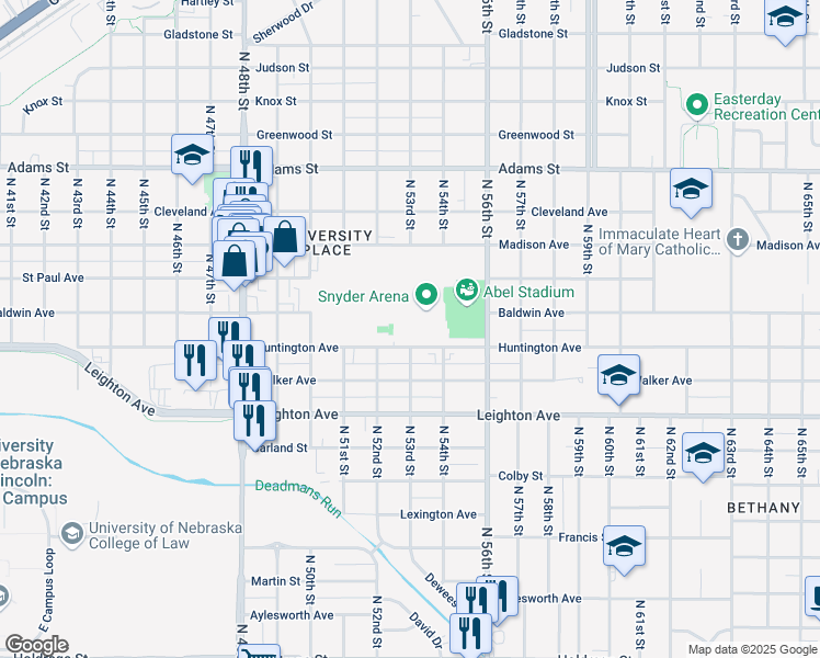 map of restaurants, bars, coffee shops, grocery stores, and more near 5300 Huntington Avenue in Lincoln