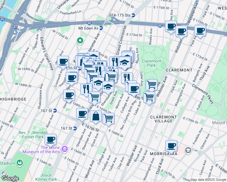 map of restaurants, bars, coffee shops, grocery stores, and more near 1368 Sheridan Avenue in Bronx