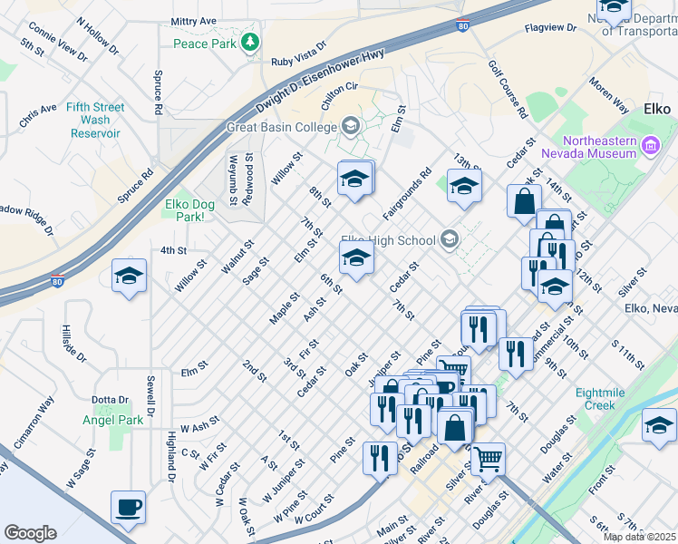 map of restaurants, bars, coffee shops, grocery stores, and more near 1055 7th Street in Elko