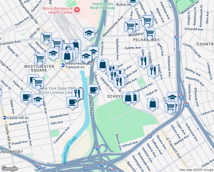map of restaurants, bars, coffee shops, grocery stores, and more near 1338 Ellison Avenue in Bronx