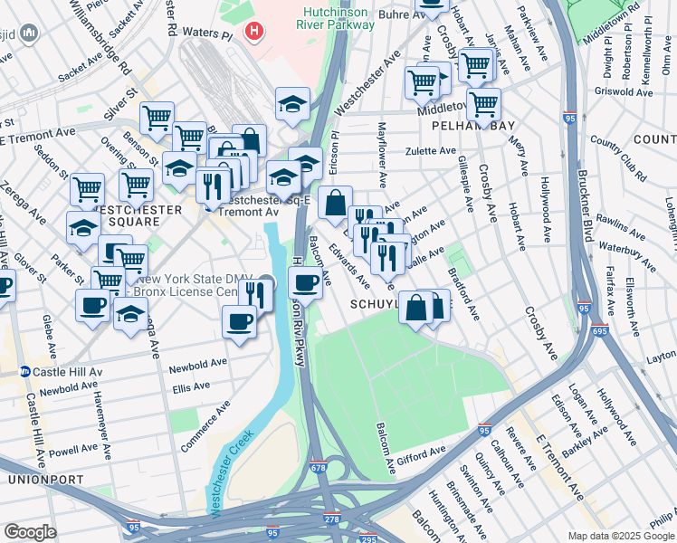 map of restaurants, bars, coffee shops, grocery stores, and more near 1363 Balcom Avenue in Bronx