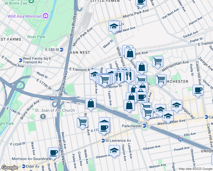 map of restaurants, bars, coffee shops, grocery stores, and more near in The Bronx