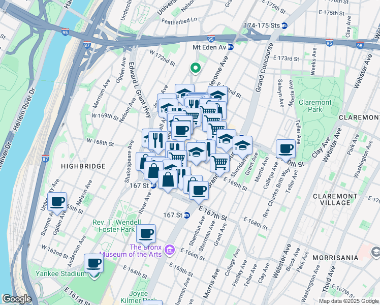 map of restaurants, bars, coffee shops, grocery stores, and more near 31 East 169th Street in Bronx